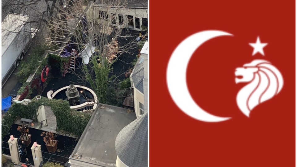 At left, leaked photo of the set for Falcon and Winter Soldier. At right, flag of Madripoor. Photos: Luke Hatcher/Twitter, Marvel.Fandom.com