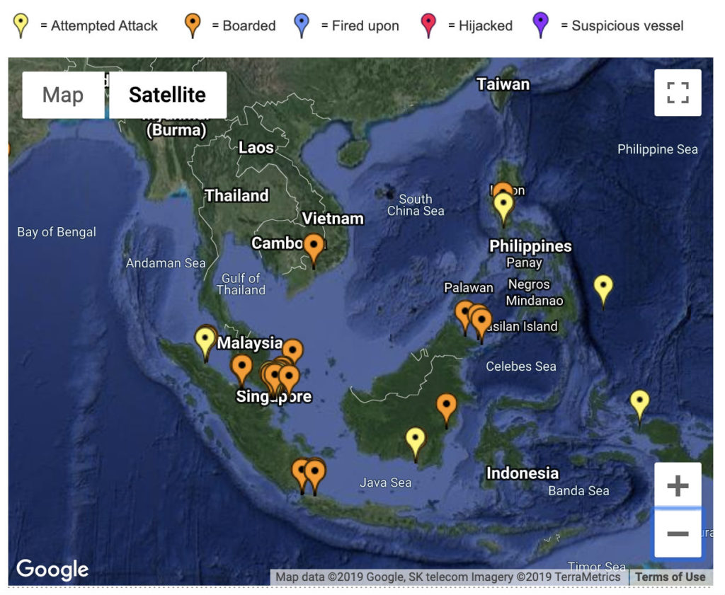 Screenshot of live piracy and armed robbery map 2019. Source: International Maritime Bureau