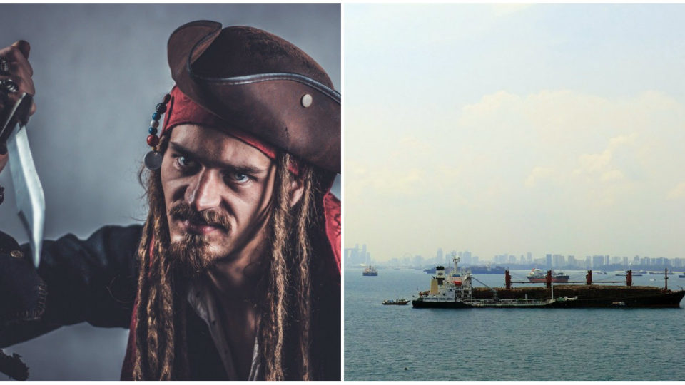 Man posing as pirate, at right, file photo of the Singapore  Strait, at left. Photos: Felix Lichtenfeld/Xeon via Wikimedia Commons