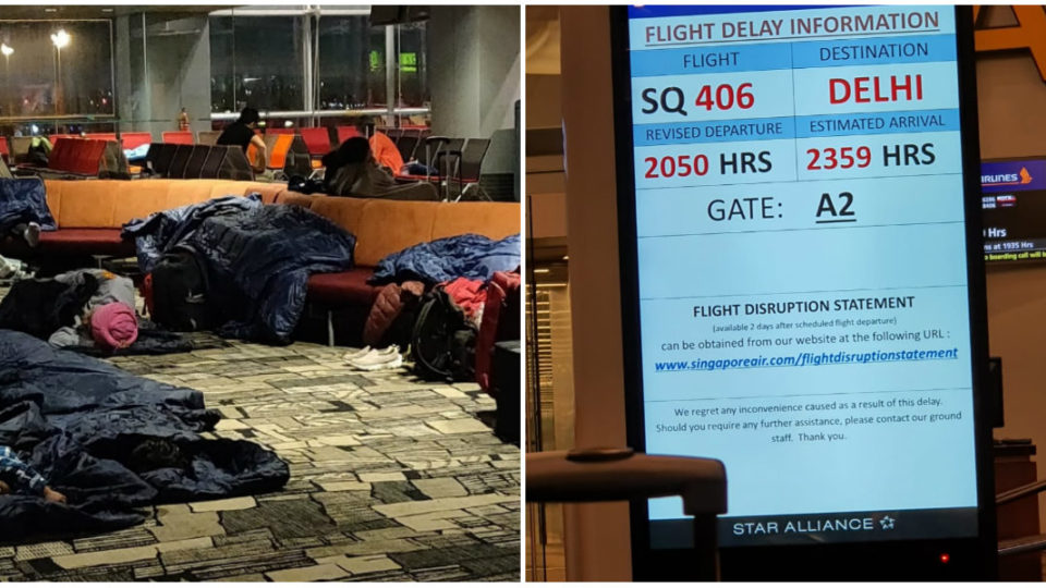 Stranded passengers sleep at Changi Airport, at left. Screen showing delayed flight details, at right. Photos: Deep Roy/Facebook