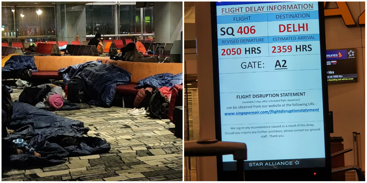 Stranded passengers sleep at Changi Airport, at left. Screen showing delayed flight details, at right. Photos: Deep Roy/Facebook