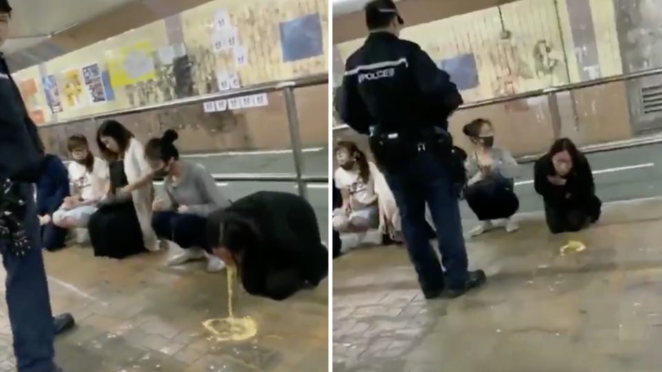 Police arrested six people, including a pregnant woman who threw up after she was arrested, inside a tunnel in Tin Shui Wai. Screengrabs via Twitter video.