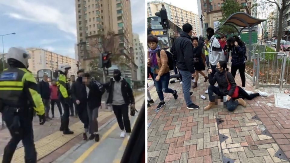 Teenage students being arrested by police officers in To Kwa Wan this morning. Screengrabs via Twitter.