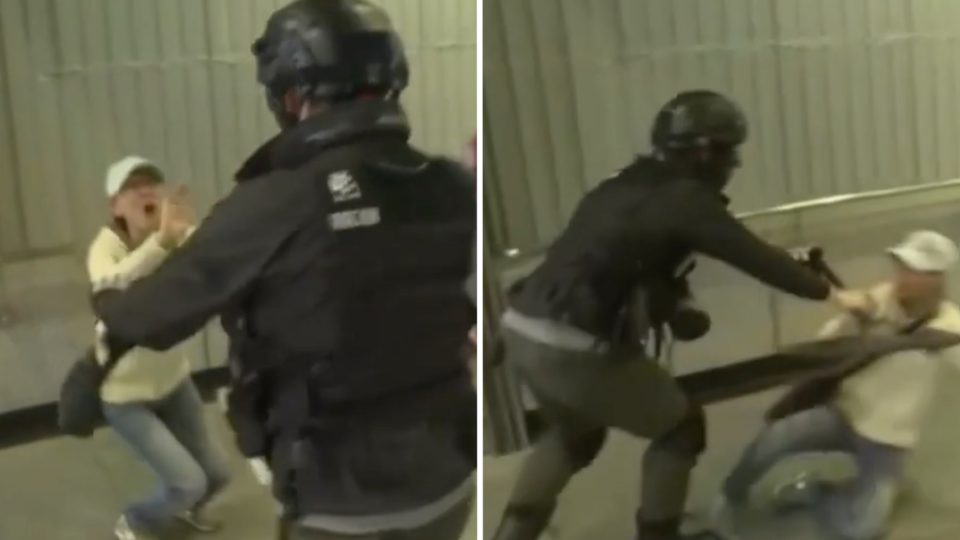 A police officer was filmed pushing over a woman who appears to be begging officers to stop pepper spraying protesters. Screengrab via YouTube.