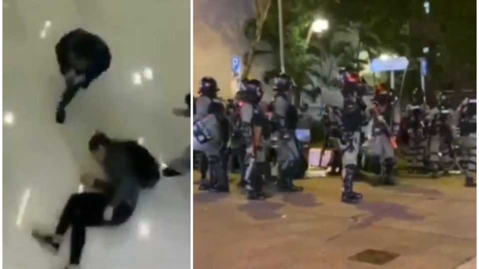 A student who fell several meters inside of the Yoho Mall in Yuen Long (left), and police at the scene of a similar fall in Mong Kok (right). Screengrabs via Twitter.