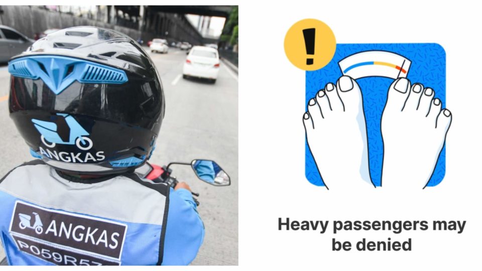 On left, an Angkas biker, at right a screenshot of the app’s latest update. <i>Photo: Mark DeMayo / ABS-CBN News; Angkas app screenshot</i>