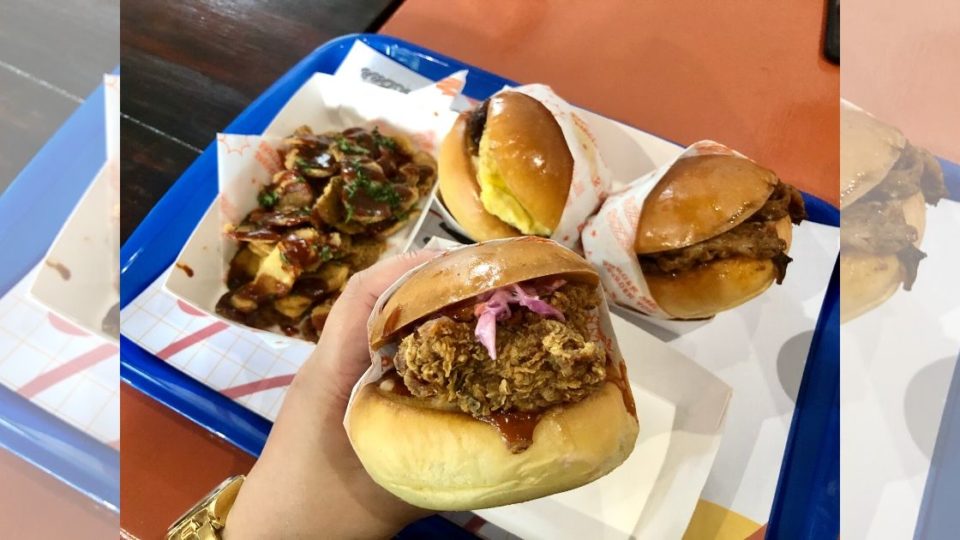 (Clockwise from left) Potato Skin Fries, Breakfast Burger, Philly Cheese Burger, and Fried Chicken Burger at BURGERBAR. Photo by Nadia Vetta Hamid for Coconuts Media