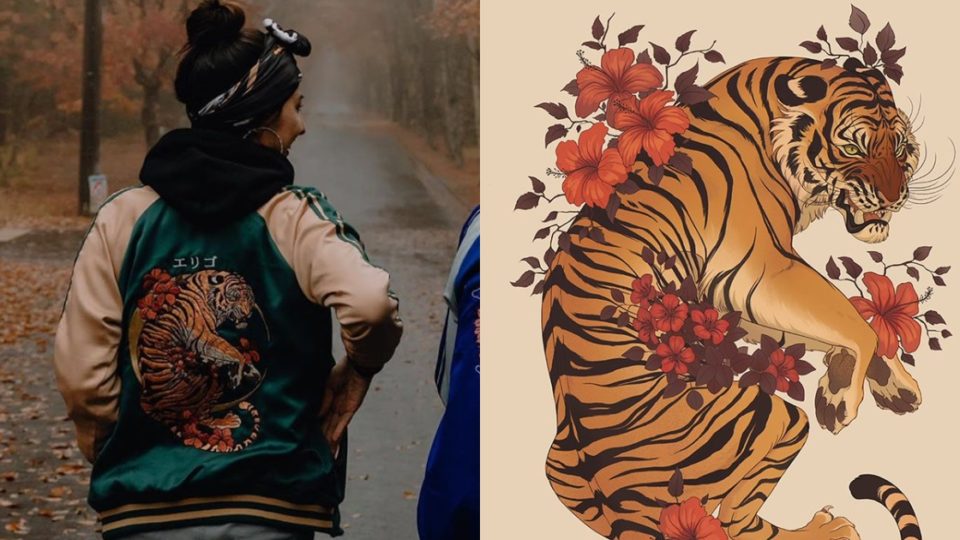 Erigo’s ‘sukajan’ jacket (L) and Nora Potwora’s hibiscus tiger artwork (R). Photos: Instagram/@erigostore & @norapotwora
