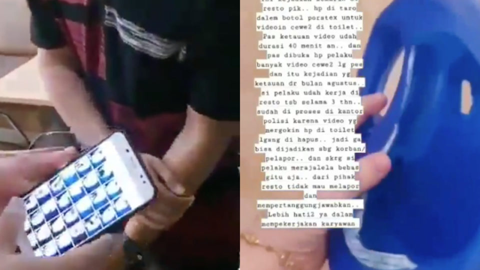 A male employee of a restaurant in Pantai Indah Kapuk, North Jakarta was caught by several female customers for allegedly filming women in the restroom, as seen in a video that has recently gone viral. Screenshot from Twitter