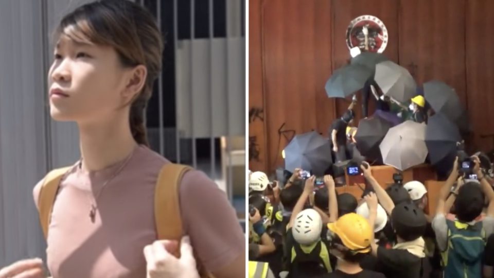Pro-democracy activist Lily Wong (left) from the group Demosisto was arrested at the airport on Thursday, January 9, for allegedly joining tens of protesters in storming the Legislative Council on July 1, 2019. Screengrabs via YouTube.
