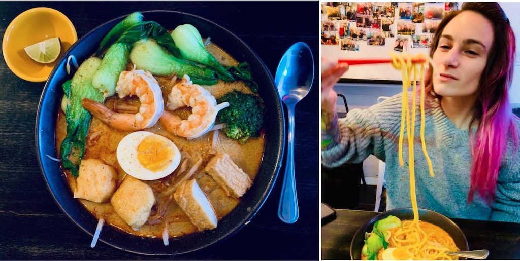 Real-life New Yorker Megan Rybecky (right) feasting on some Singapore Laksa! Photos: Juliette Yu-Ming Lizeray