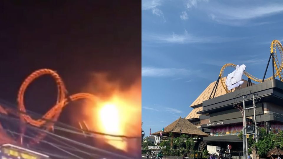 Left, The fire at the rooftop of Trans Studio Mall. Right, Trans Studio Mall the following morning. Photos: Instagram and Coconuts Bali