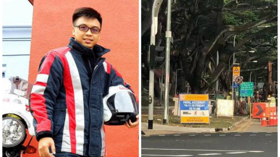 Firefighter Muhd Arfiz bin Azmi, at left. At right, the location in Bedok where the woman was hit by a van in November. Photos: Md Arfiz, Motorist.sg/Facebook