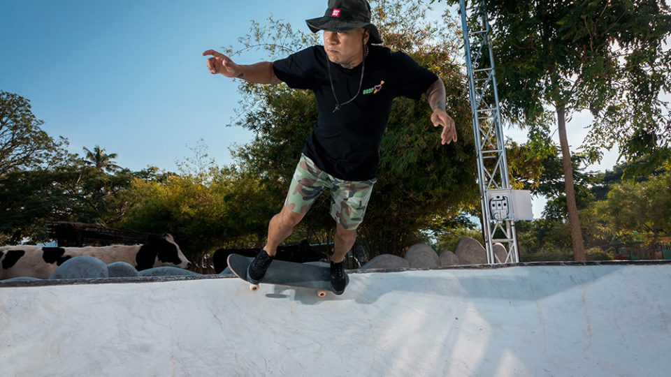 COW-ABUNGA: Park manager Mongkorn Timkul gleams the cube alongside some genuine milk machines at the Hua Hin Skate Park. Photo: Courtesy