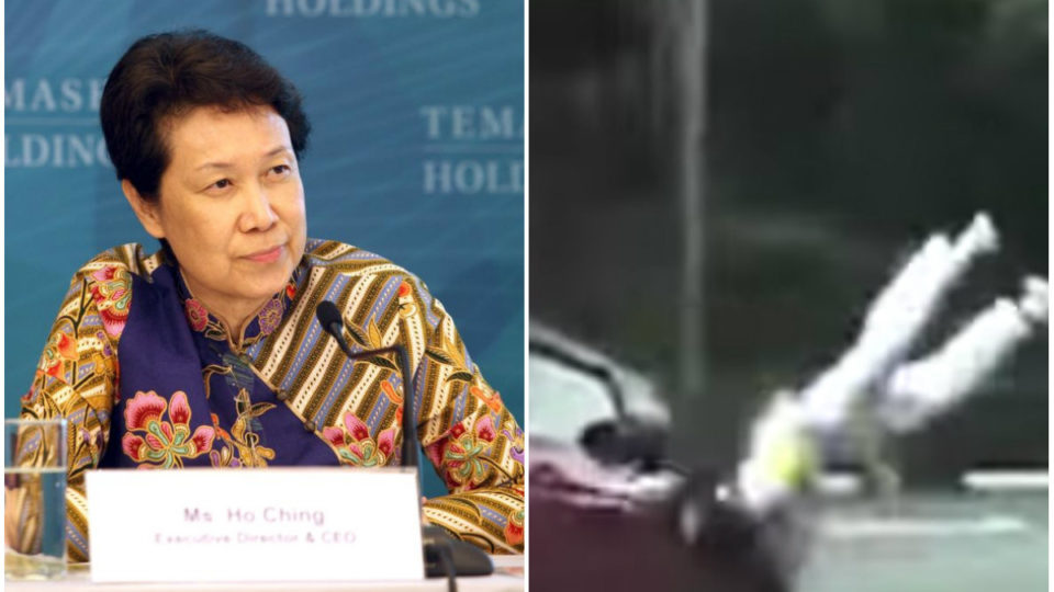 Ho Ching, CEO of state investment company Temasek Holdings and Mrs. PM, at left; a still from video of Monday’s Havelock Road traffic incident, at right. Photos: Lucasmatti/Wikimedia Commons, Roads.sg/YouTube