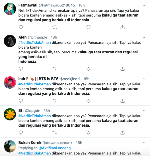 Duplicates of tweet criticizing Netflix in Indonesia. Screengrab taken on Jan. 14, 2020.
