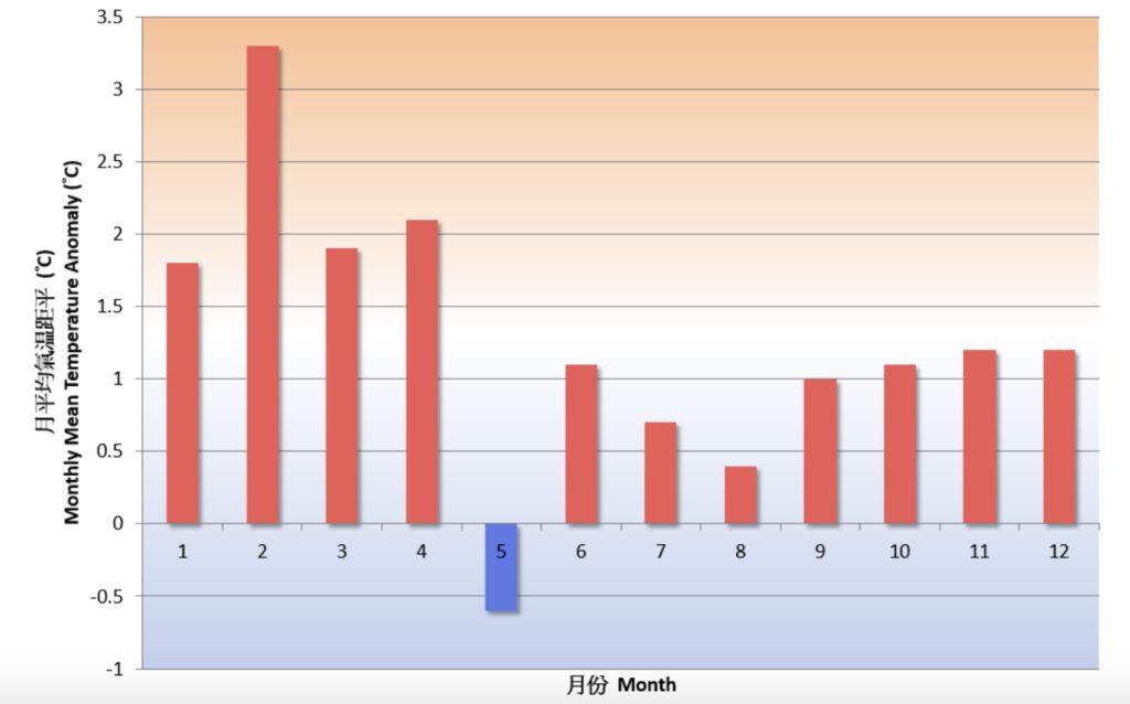 Anomalous temperatures by month in 2019. Graphic via the Hong Kong Observatory.