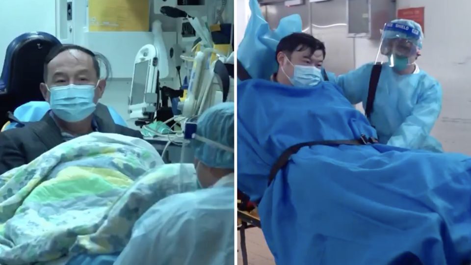 Two men, a 59-year-old man returning to Hong Kong from Wuhan (left) and a 39-year-old tourist from Wuhan (right) are taken to Princess Margaret Hospital after testing positive in preliminary tests for a mystery Wuhan coronavirus. Screengrabs via Facebook video/RTHK.