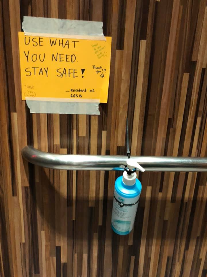 Hand sanitizer at Block 665C Punggol Drive. Photo: Agnes Chong/Facebook