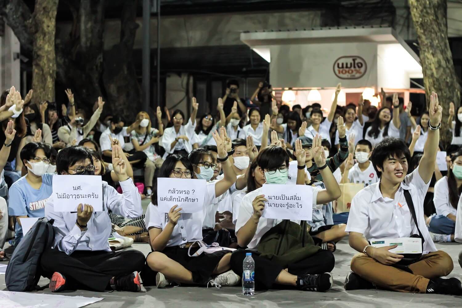 ‘You’re salim, what would you know?’ reads one sign held by one of the Silpakorn University students raising three fingers in a symbolic, anti-military salute at a Feb. 26 campus protest. Photo: Chayanit Itthiponmaetee / Coconuts