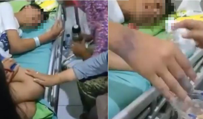 Screenshots from a video showing MS crying on his hospital bed and the extent of his injuries from alleged bullying at school. Photo: Twitter