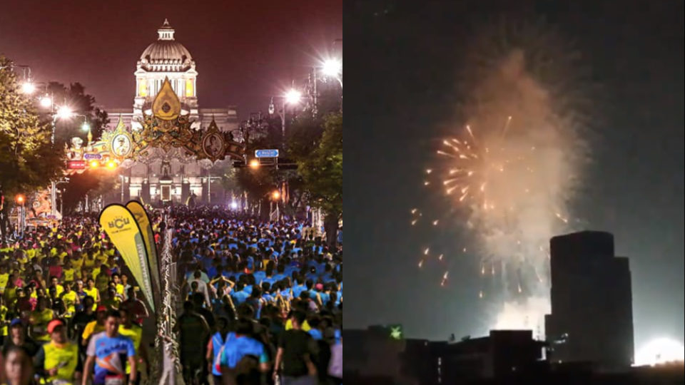 Runners participate Sunday in the Amazing Thailand Marathon Bangkok, at left. At right, the impressively irritating fireworks show that came at about 3am. Photos: Kobkiat Sangwanich / FB, Pukkeeintira / Twitter
