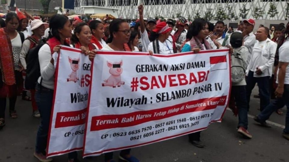 Hundreds of people who refer to themselves the #SaveBabi (Save Pigs) movement staged a peaceful protest in front of the North Sumatra Regional Representative Council (DPRD) building in Medan yesterday to reject reported plans to cull pigs following tens of thousands pig deaths caused by the African swine fever (ASF) in the province. Photo: Twitter