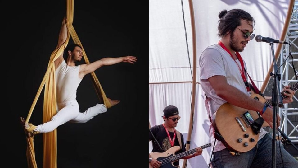 Left: An aerial silks performance. Right: Manja live in performance. Photos: The Yoga Barn and Manja via Facebook