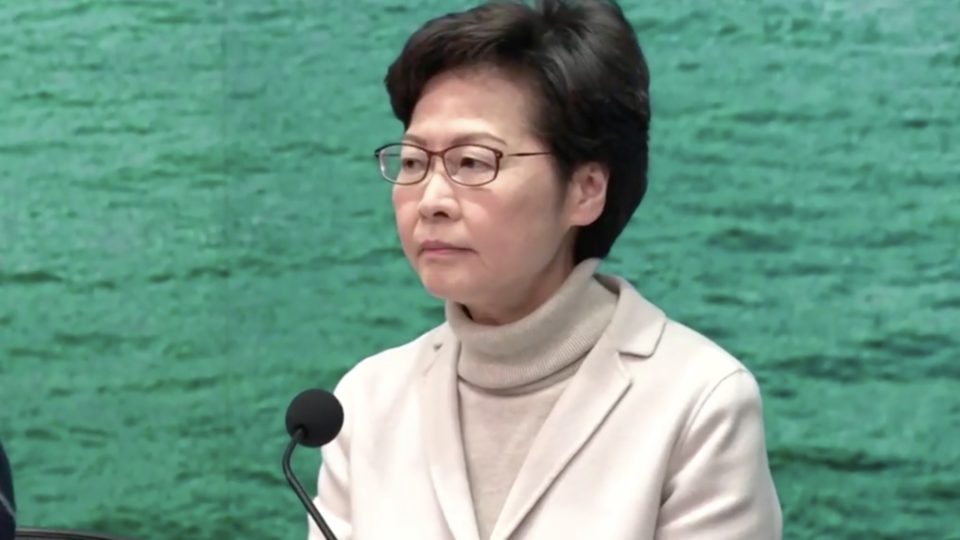 Chief Executive Carrie Lam announces the closure of more border checkpoints into the city after 15 people have been confirmed with the Wuhan coronavirus. Screengrab via Facebook/RTHK.