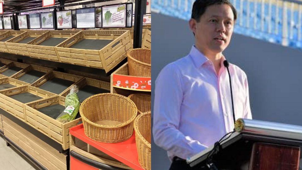 Empty baskets after Singaporeans cleared out groceries, at left, and Singapore Trade and Industry Minister Chan Chun Sing, at right. Photos: Gilbert Goh, Chan Chun Sing/Facebook