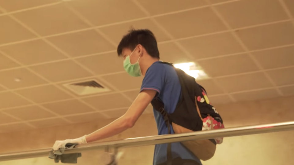 A man disinfecting Singapore’s Changi Airport. Image: Changi Airport