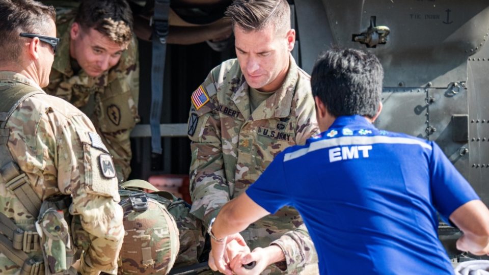 Medical workers from the Bangkok Ratchasima Hospital unload “casualties” on Saturday during a medevac rehearsal with U.S. Army aviators from various regiments. Photo: 1st Lt. Angelo Mejia / U.S. Army

