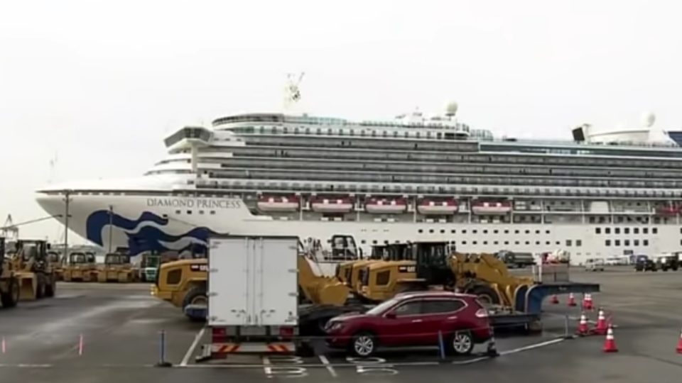 The Diamond Princess cruise ship is docked in the port of Yokohama after being quarantined due to a coronavirus outbreak on board. Screengrab via YouTube.