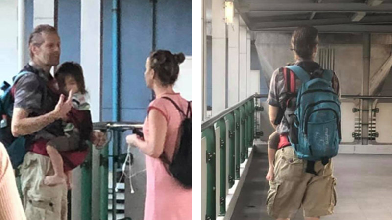 Photos posted online of an unidentified foreign man seen panhandling with a child around downtown Bangkok. Images: The Expat Mummy Club, Bangkok