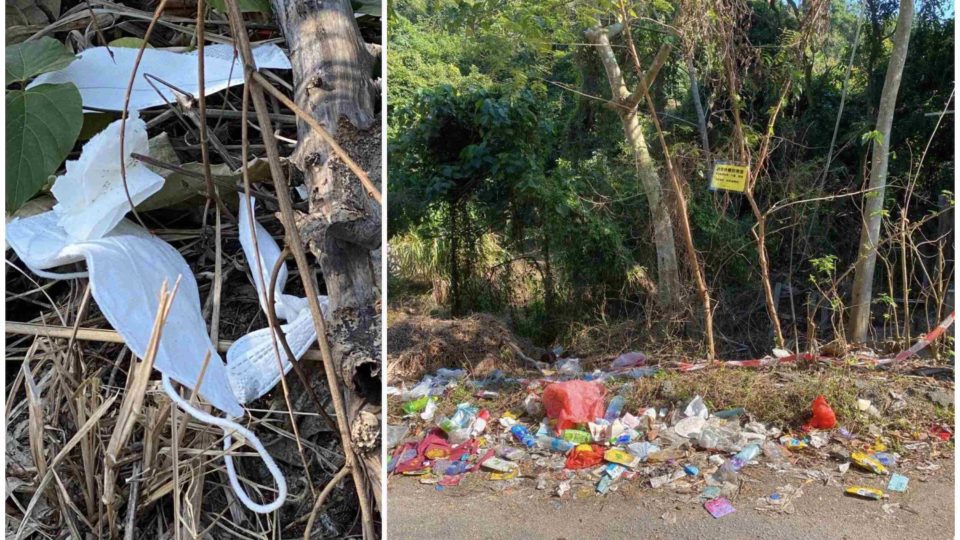 Discarded face masks (left) and other litter (right) along a New Territories hiking trail. Photos via Facebook.