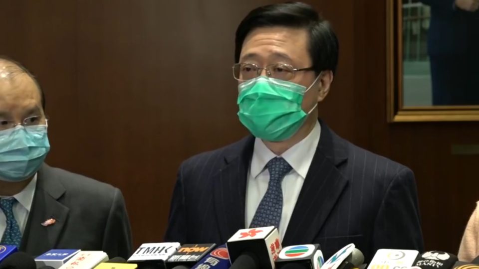 Security Secretary John Lee speaks to the press about the repatriation of Hongkongers quarantined on board cruise ship in Japan. Screengrab via Facebook/RTHK.