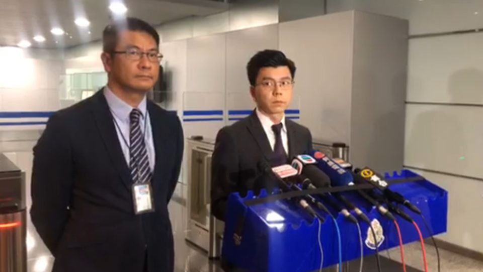 Police brief the press on the arrest of a teenager they say is linked to a pro-democracy crowdfunding platform whose accounts were frozen last year. Screengrab via Facebook.