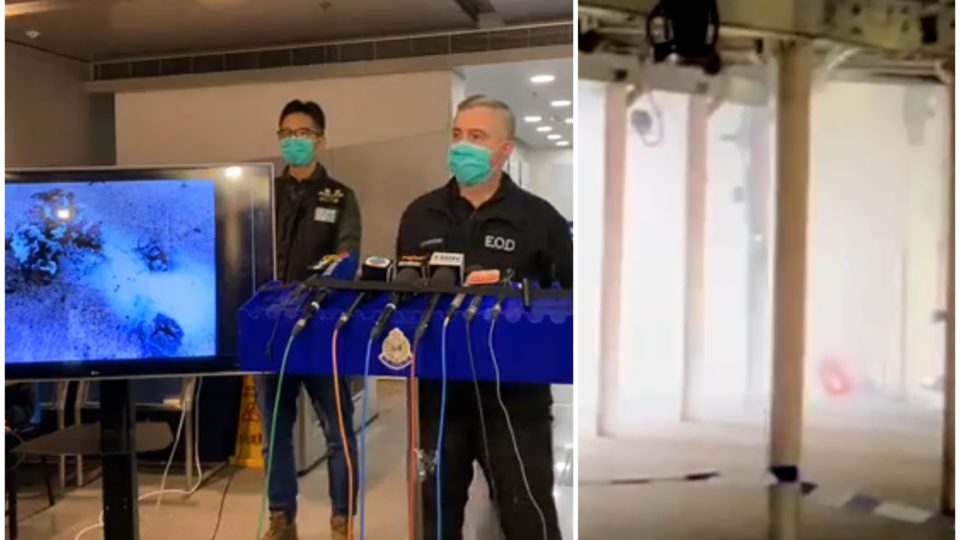 Bomb disposal officer Alick McWhirter briefs the media on the explosive devices found at Lo Wu MTR yesterday (left); a flaming object at Lo Wu MTR station (right). Screengrabs via Facebook/HKPF.