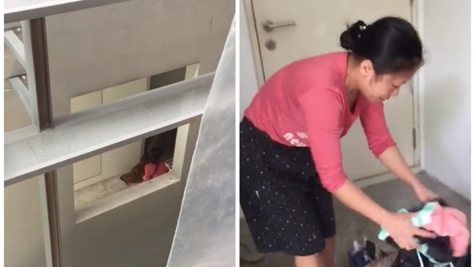 An Indonesian maid is seen thrown out of an apartment, at left, and crying while packing her things in a bag, at right. Images: Mitch A Bern/TikTok