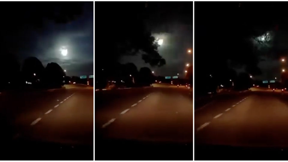 A fiery ball of light plummets through the sky as seen from Johor Bahru, Malaysia, in a dashboard camera recording. Images: All Singapore Stuff/Facebook