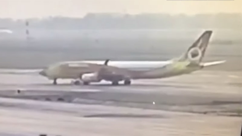A Nok Air plane crashes into an runway towing vehicle Friday morning at Don Mueang International Airport in Bangkok. Image: TNN / YouTube