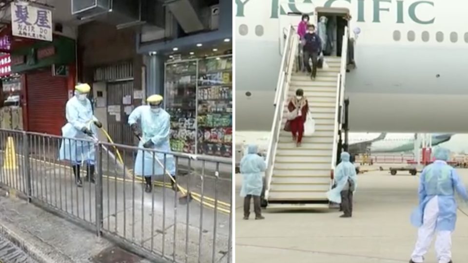 (Left) Food and Environmental Hygiene personnel disinfect the sidewalk outside the Maylun Apartments building, the site of a Buddhist temple where at least four temple-goers reportedly caught the coronavirus, (right) passengers from the Diamond Princess cruise ship disembarking from a chartered flight. Screengrabs via Apple Daily video and Facebook video.