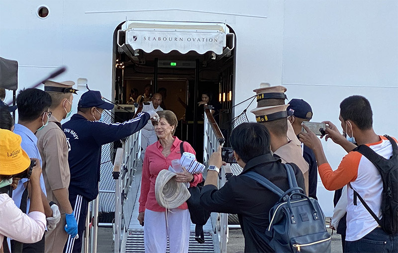 Passengers are scanned for fever in Feb, 2020, upon disembarking the Seabourn Ovation on Phuket. Photo: 
Courtesy Saksith Saiyasombut / Twitter