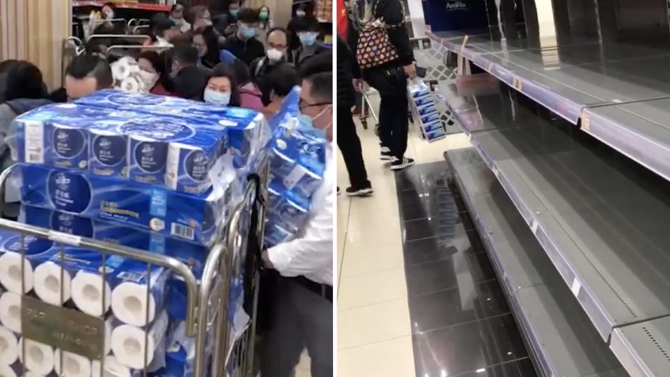 Videos shared online show Hongkongers panic-buying toilet paper after word spread online that there was a toilet paper shortage. Screengrabs via Facebook/RTHK.