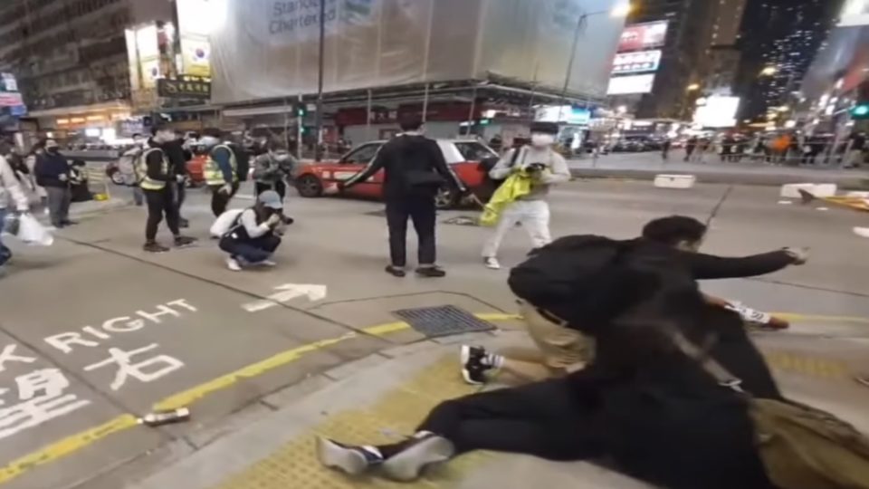 Police attempt to disperse a protest in Tseung Kwan O on Saturday against the proposed use of a nearby facility as a quarantine site for people who had come into contact with coronavirus patients. Screengrab via YouTube.