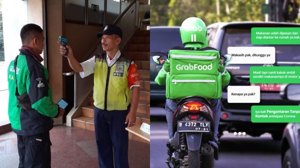 Security checking for Gofood driver upon entering a restaurant (L) and Grabfood’s contactless delivery campaign (R). Photos courtesy of Gojek and Grab Indonesia