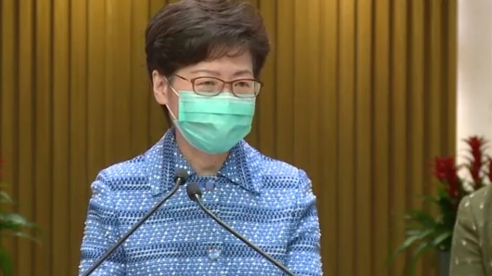 Hong Kong Chief Executive Carrie Lam speaks to the press during a briefing this morning. Screengrab via GovHK.