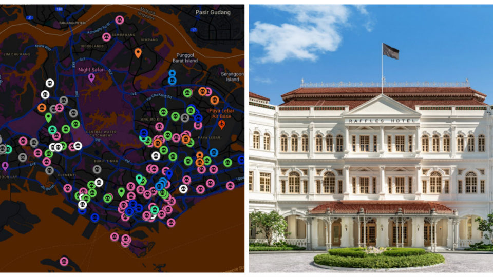 Map of COVID-19 infections in Singapore (left) exterior of Raffles Hotel. Images: Google, Raffles Hotel/Facebook