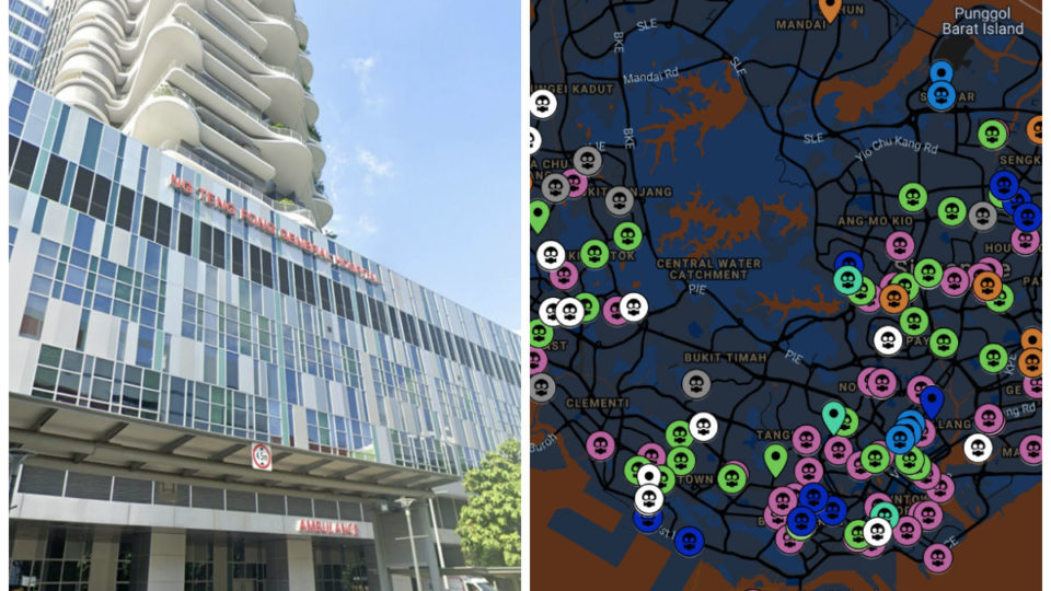 The Ng Teng Fong General Hospital, at left, partial map of COVID-19 infections in Singapore, at right. Images: Google