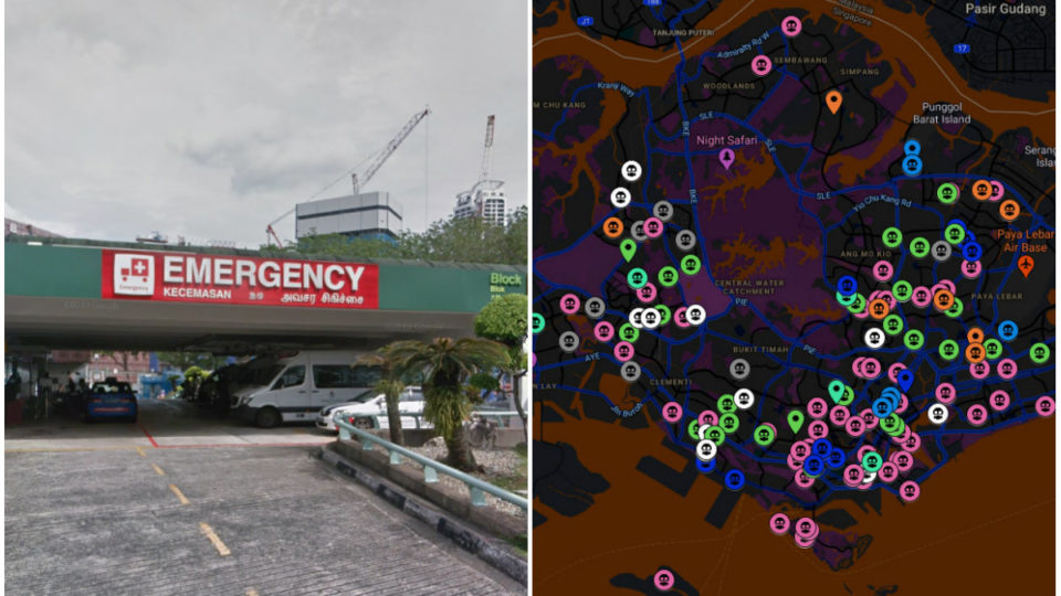 Singapore General Hospital’s emergency department (left) and the map of COVID-19 infections in Singapore. Images: Google